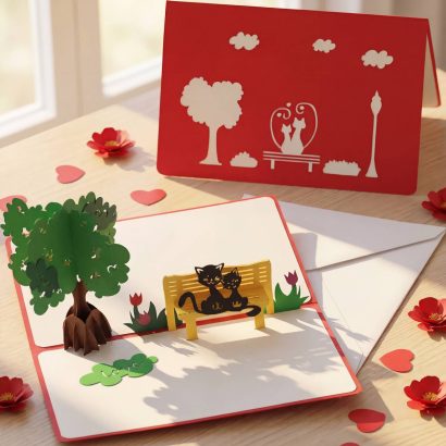 Вітальна листівка валентинка 3d закохана пара коти на лавці