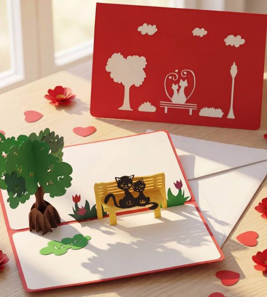 Вітальна листівка валентинка 3d закохана пара коти на лавці