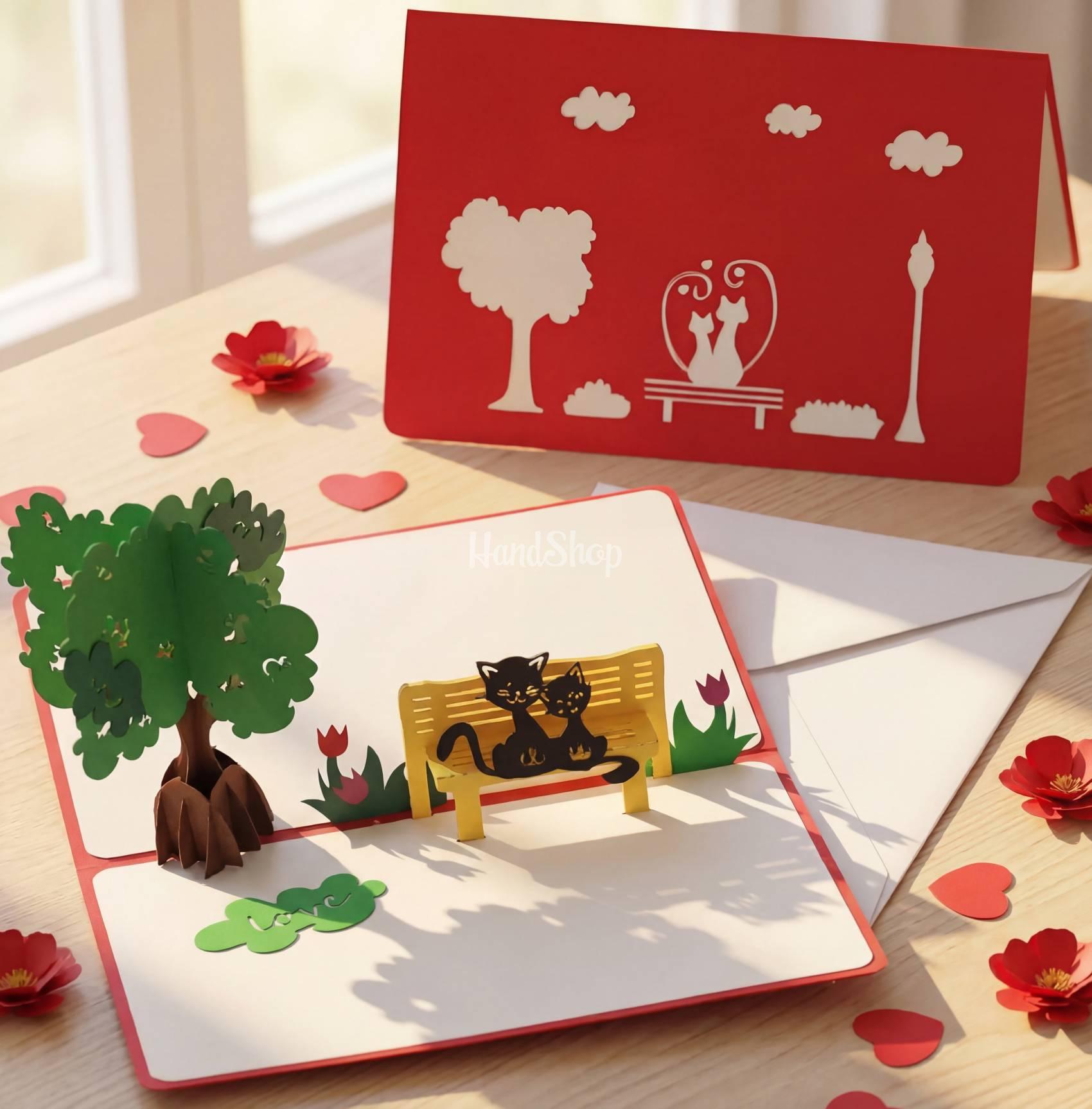 Вітальна листівка валентинка 3d закохана пара коти на лавці Вітальна листівка валентинка 3d закохана пара коти на лавці