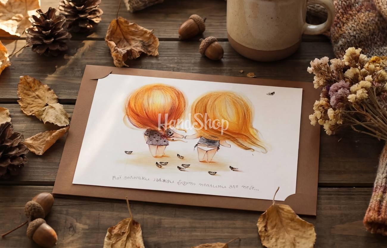 Вітальна листівка дружба дівчаток мальована в конверті Вітальна листівка дружба дівчаток мальована в конверті