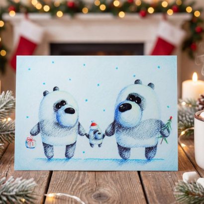 Зимова мальована листівка ведмедики сім’я Новий рік 2026