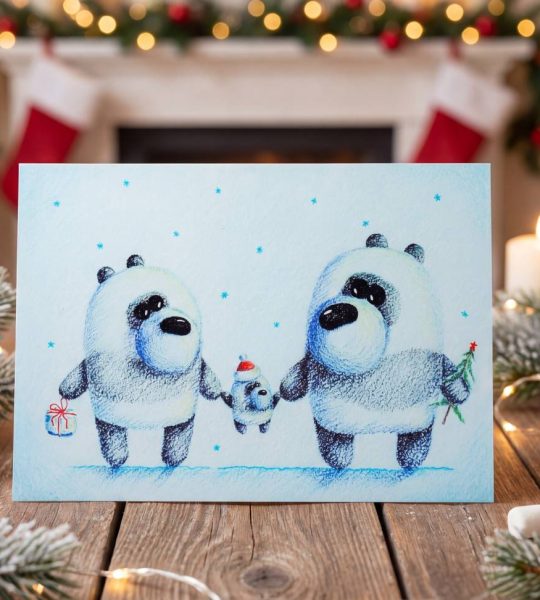 Зимова мальована листівка ведмедики сім’я Новий рік 2026