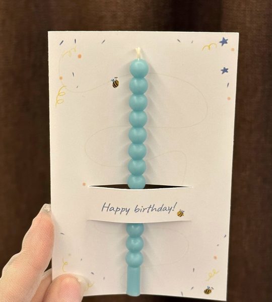 Листівка Happy birthday з блакитною свічкою, сірником та чикалом