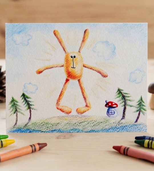 Дитяча мальована двостороння вітальна листівка сонечко