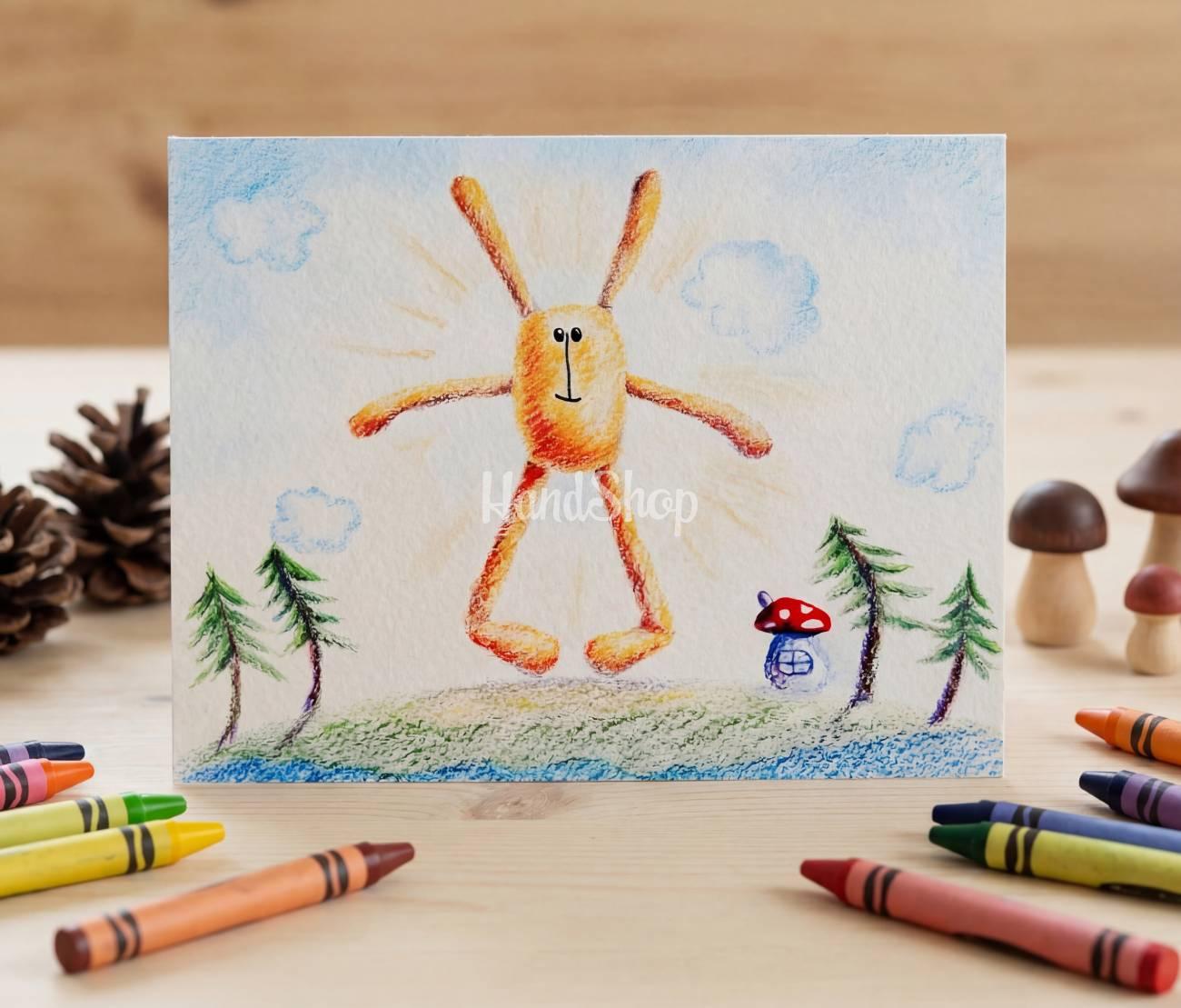 Дитяча мальована двостороння вітальна листівка сонечко Дитяча мальована двостороння вітальна листівка сонечко