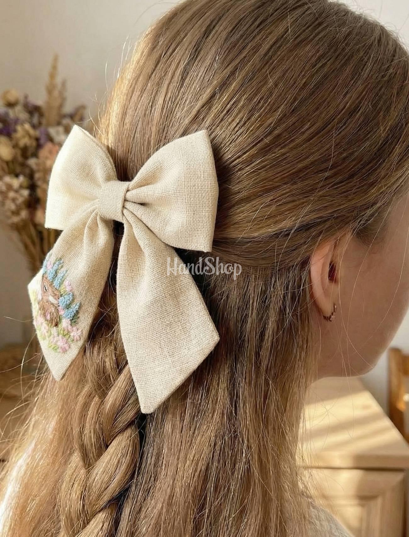 Пара бантів для волосся великодній кролик ручна вишивка, 2 шт Пара бантів для волосся великодній кролик ручна вишивка, 2 шт