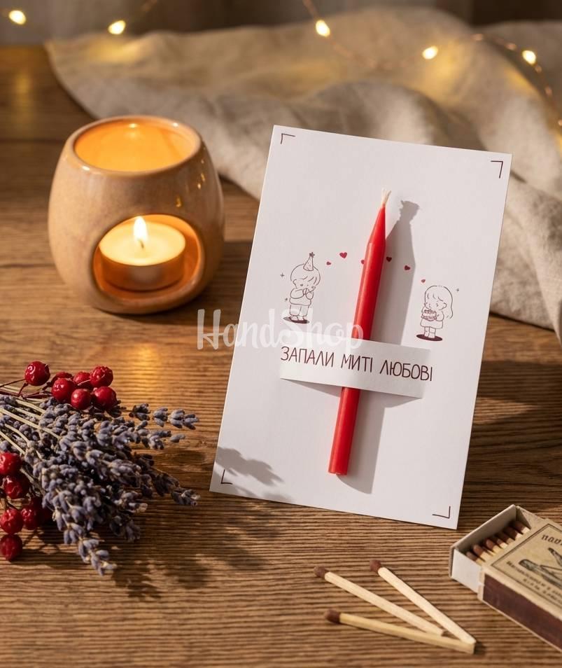 Романтична листівка закохані зі свічкою, сірником та чиркалом Романтична листівка закохані зі свічкою, сірником та чиркалом