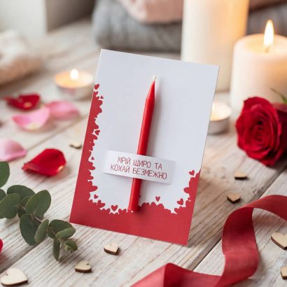 Листівка сердечка з червоною свічкою, сірник, чиркало