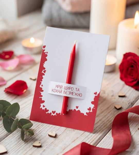Листівка сердечка з червоною свічкою, сірник, чиркало