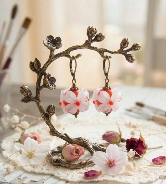 Жіночі сережки намистини лемпворк квіти червноні скло