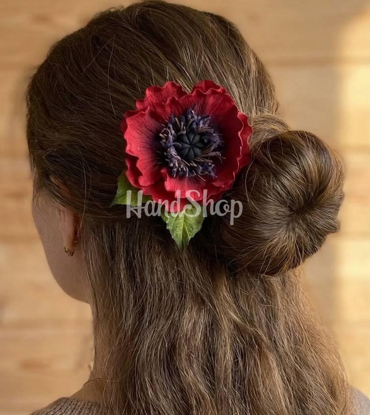 Резинка для волосся польовий червоний мак фоаміран Резинка для волосся польовий червоний мак фоаміран