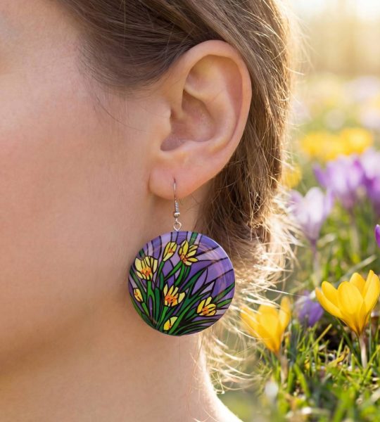 Круглі сережки квіти жовті крокуси ручного розпису