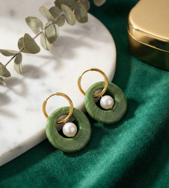 Стильні жіночі сережки круглі зелені глина та річкові перли