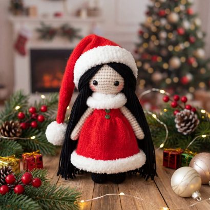 Новорічна в'язана лялька в червоній сукні Санта 2026