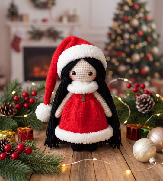 Новорічна в'язана лялька в червоній сукні Санта 2026