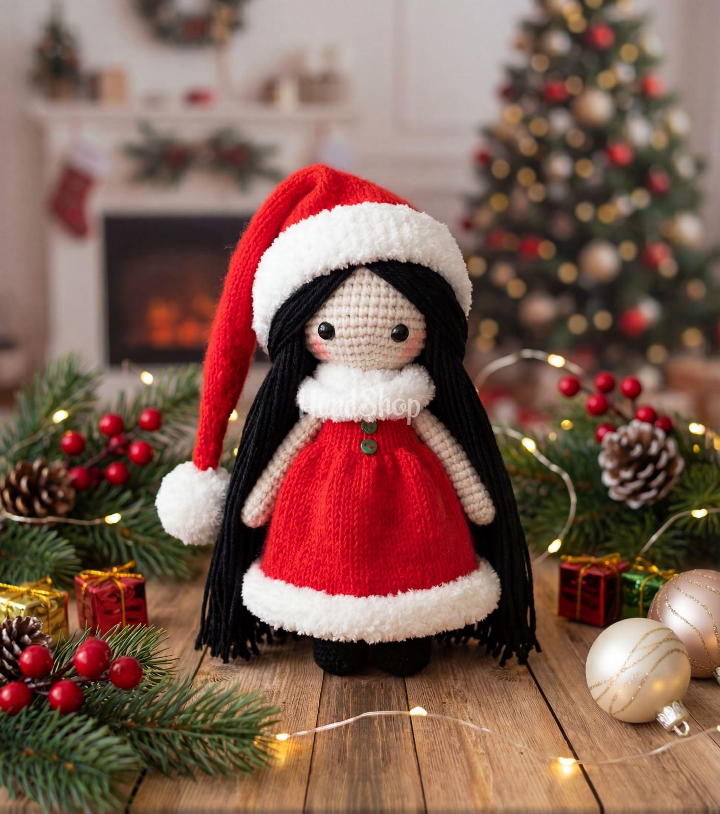 Новорічна в'язана лялька в червоній сукні Санта 2026 Новорічна в'язана лялька в червоній сукні Санта 2026