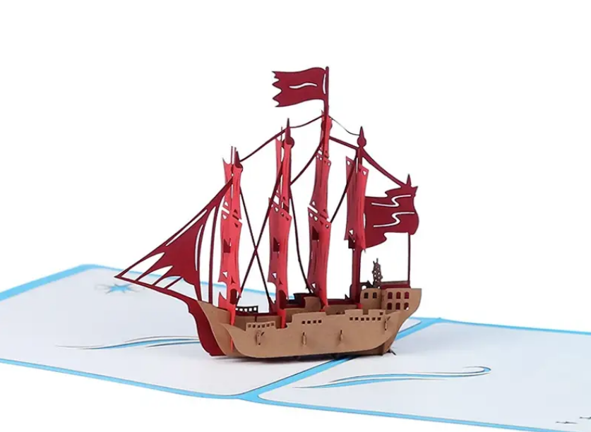 Морське диво: 3D листівка з об'ємним кораблем пурпурові вітрила, створена з любов'ю для вашого чоловіка