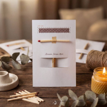 Романтична листівка сердечка зі свічкою, сірник, чиркало