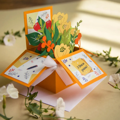 Об'ємна листівка коробочка квіти вчителю на 1 вересня День знань