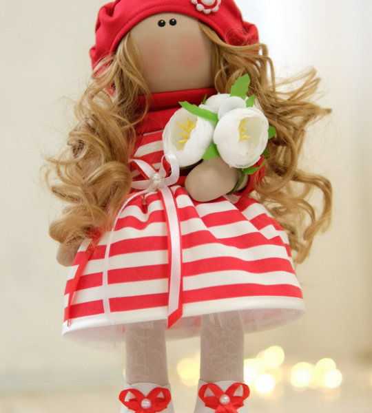 Лялька тільда авторська інтер'єрна кучерява блондинка в сукні
