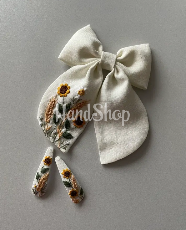 Бант для волосся та заколки квіти соняшники, вишивка 3 шт Бант для волосся та заколки квіти соняшники, вишивка 3 шт