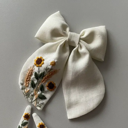 Бант для волосся та заколки квіти соняшники, вишивка 2 шт