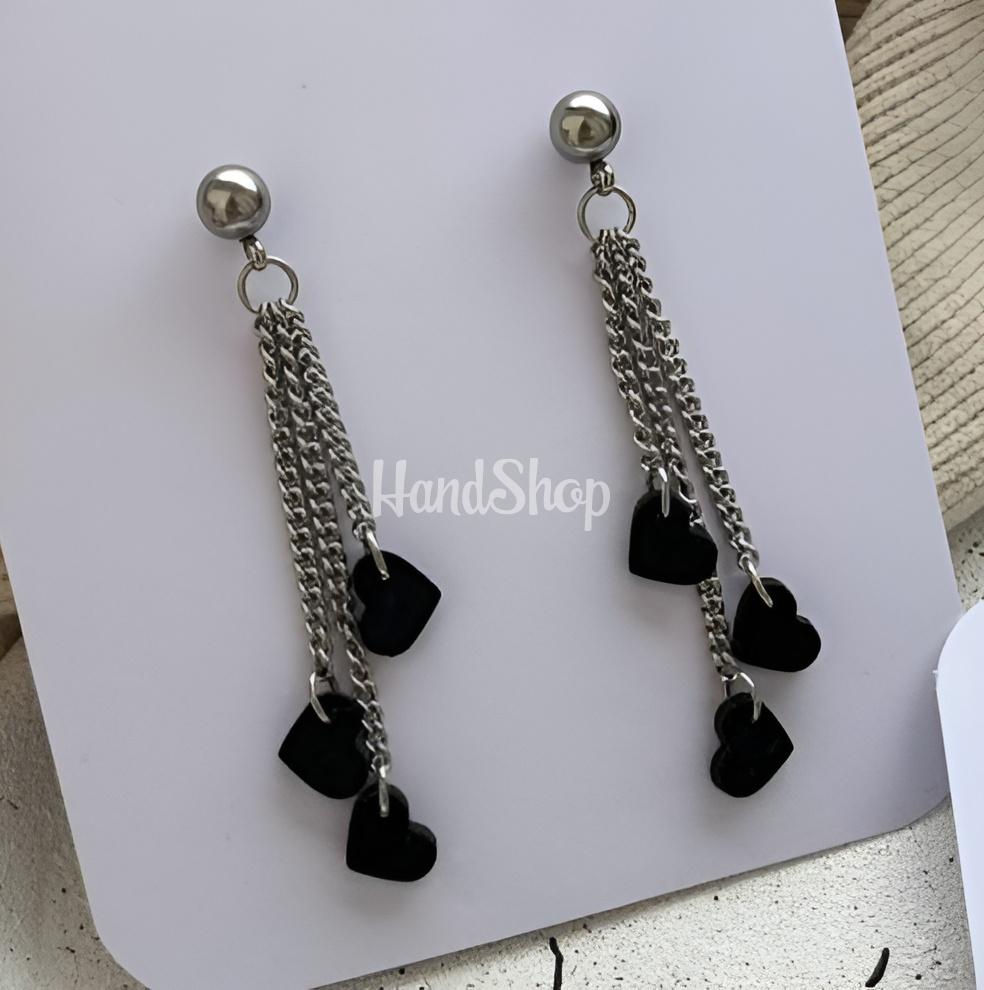 Довгі сережки міні чорні сердечка на ланцюжку глина Довгі сережки міні чорні сердечка на ланцюжку глина