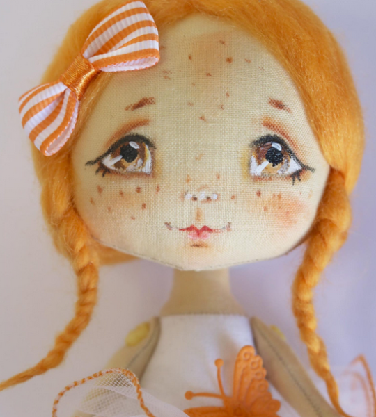 Лялька авторська рудоволоса з двома косичками та бантом
