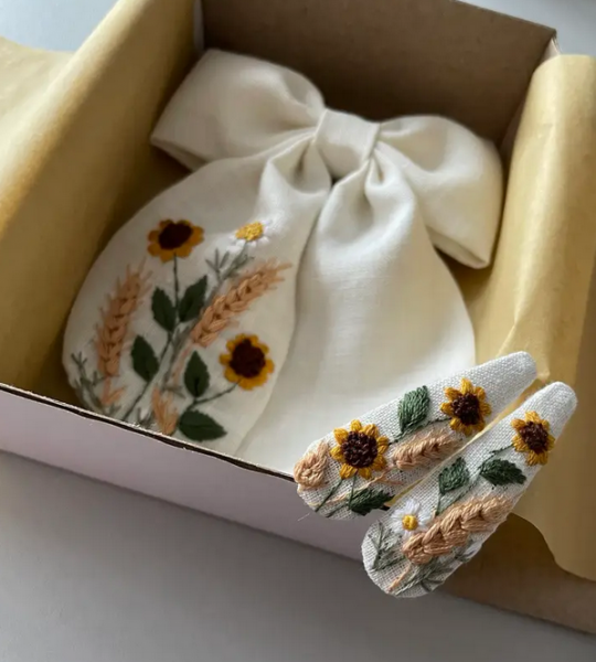 Бант для волосся та заколки квіти соняшники, вишивка 2 шт