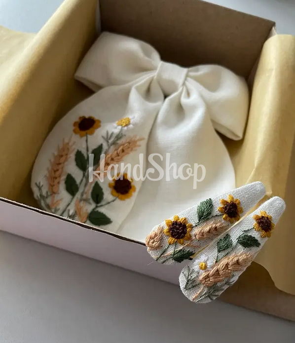 Бант для волосся та заколки квіти соняшники, вишивка 2 шт Бант для волосся та заколки квіти соняшники, вишивка 2 шт
