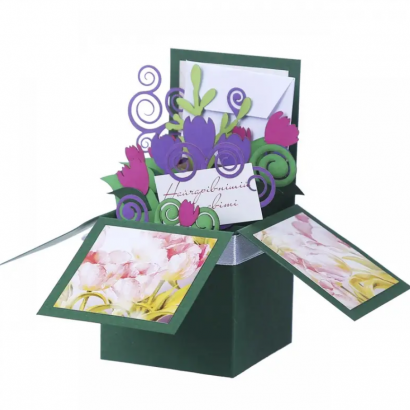 Женская открытка коробочка цветы тюльпаны