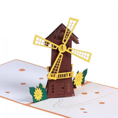 Авторская 3D открытка мельница цветы подсолнухи