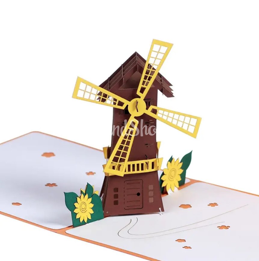 Авторская 3D открытка мельница цветы подсолнухи Авторская 3D открытка мельница цветы подсолнухи