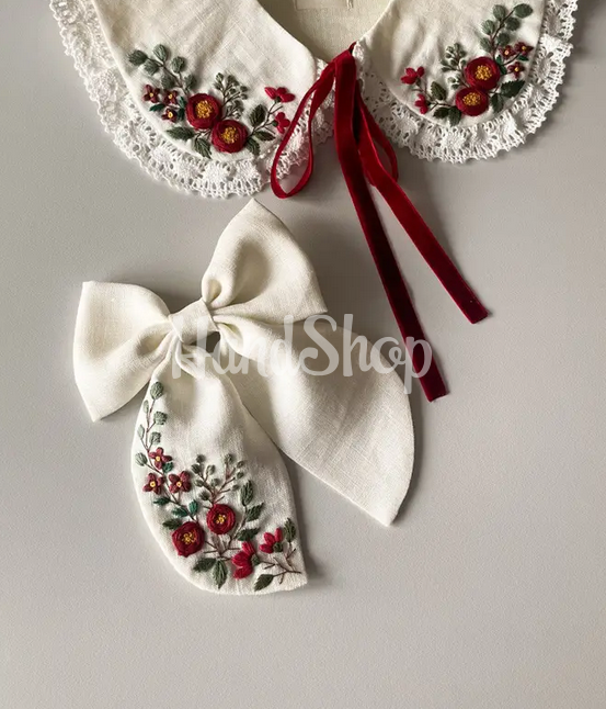 Дитячий бант для волосся вишивка квіти бордо, льон Дитячий бант для волосся вишивка квіти бордо, льон