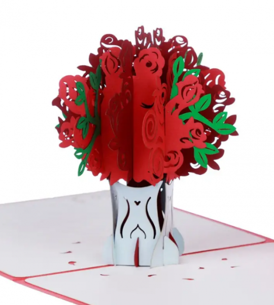 3d объемная открытка ваза с красными розами