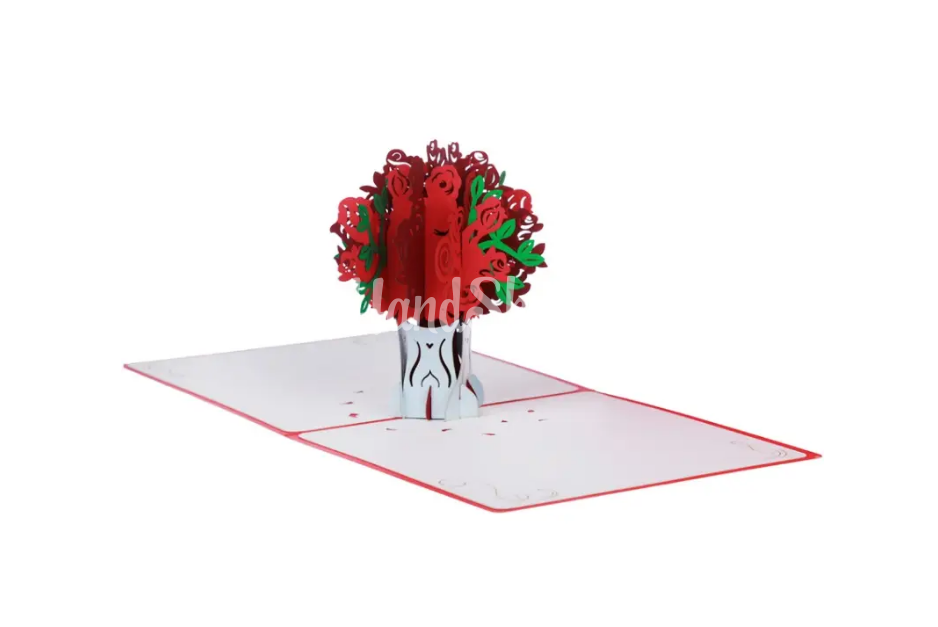 Открытка ваза с розами 3d красная Открытка ваза с розами 3d красная