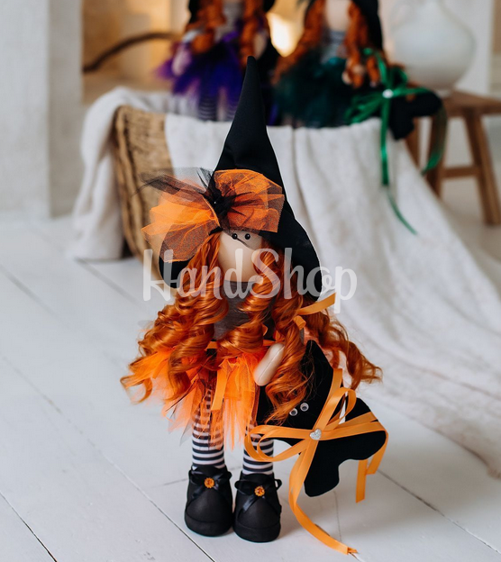 Лялька відьма кучерява руда в ковпаку з котиком Halloween Лялька відьма кучерява руда в ковпаку з котиком Halloween