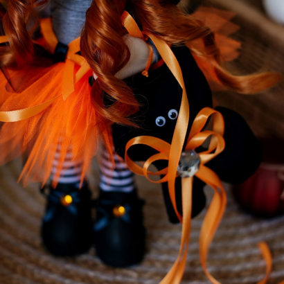 Лялька відьма кучерява руда в ковпаку з котиком Halloween