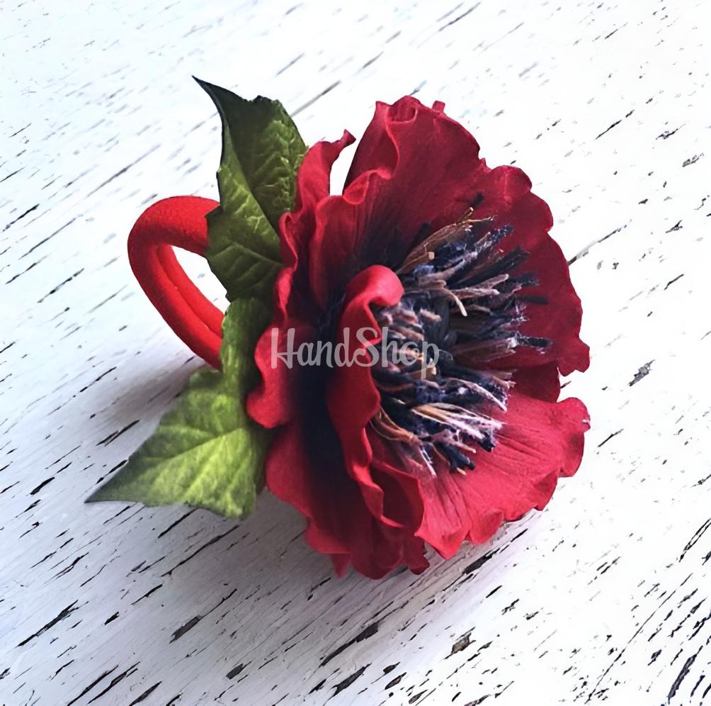 Резинка для волосся польовий червоний мак фоаміран Резинка для волосся польовий червоний мак фоаміран