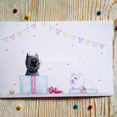 Вітальна листівка коти подарунок з днем народження мальована