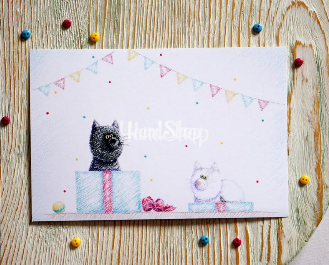 Вітальна листівка коти подарунок з днем народження мальована Вітальна листівка коти подарунок з днем народження мальована