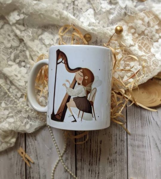 Авторська керамічна чашка дівчина фея з арфою, 330 мл
