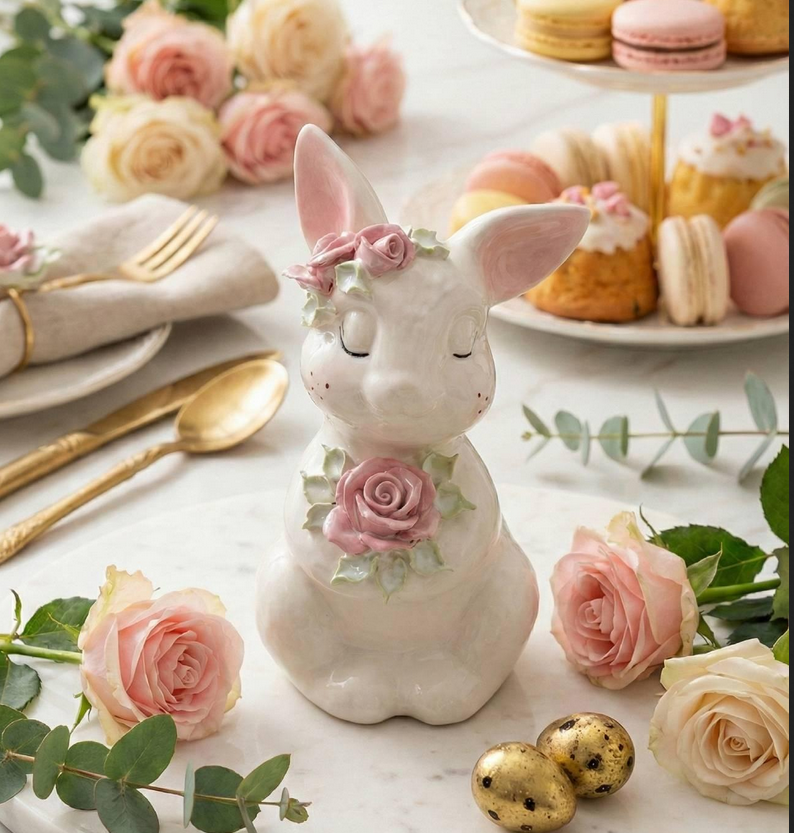 Ідеальний подарунок для матусі на День матері: авторський порцеляновий зайчик дівчинка з рожевими квітами