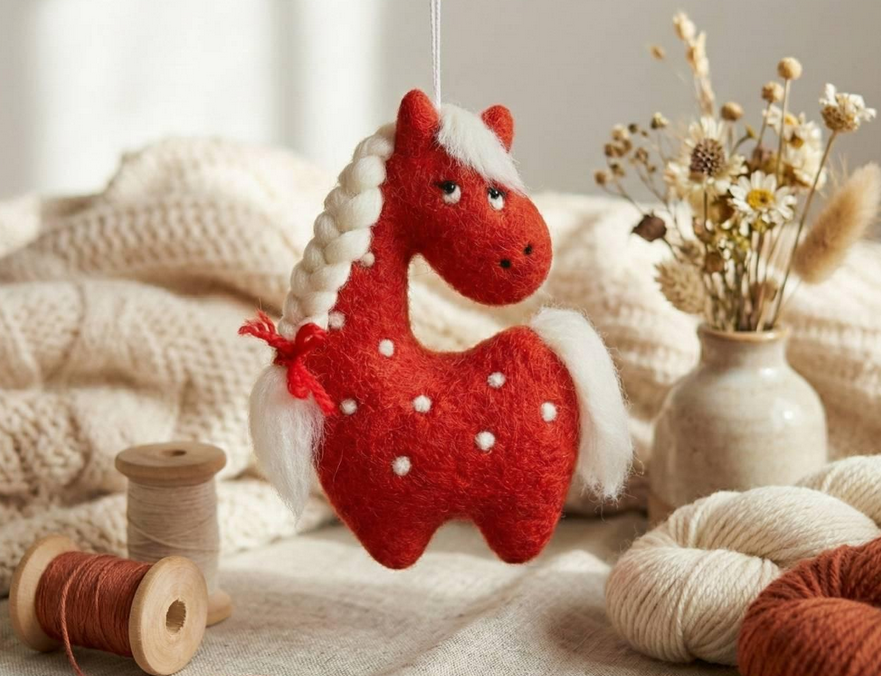 Декоративна підвіска червоний коник ручної роботи з вовни - ваш символ Нового 2026 року та щасливих змін