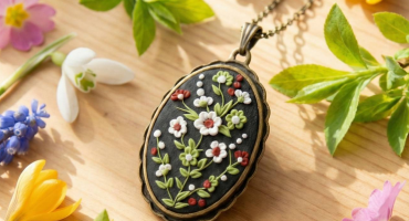 Елегантний овальний кулон з об’ємними міні-квітами в техніці філігрань на довгому ланцюжку