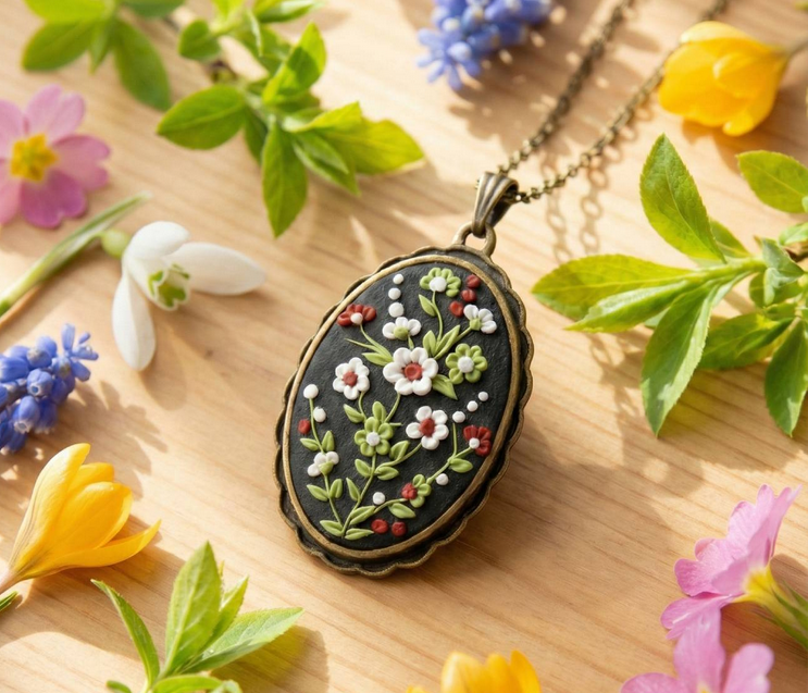 Елегантний овальний кулон з об’ємними міні-квітами в техніці філігрань на довгому ланцюжку