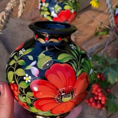 Керамічна вазочка для квітів петриківський розпис