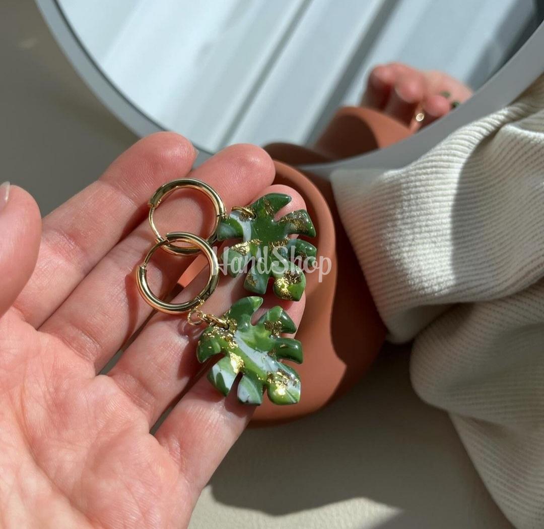 Жіночі сережки полімерна глина листя монстера Жіночі сережки полімерна глина листя монстера