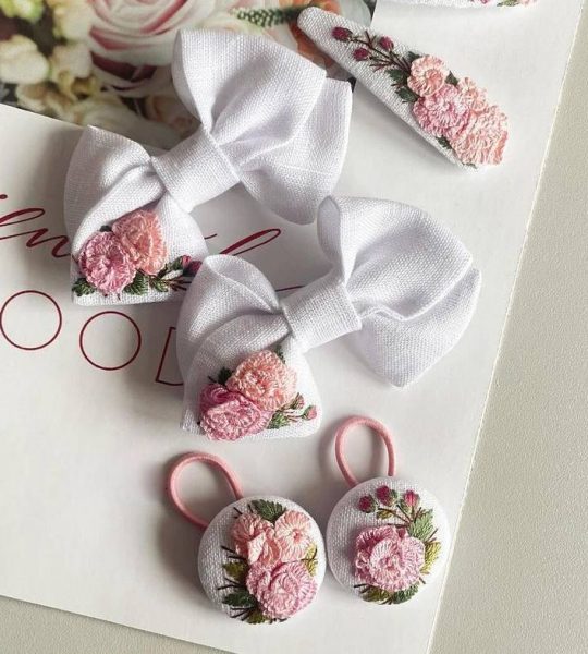 Дитячі бантики для волосся ручна вишивка квіти троянди, 2 шт