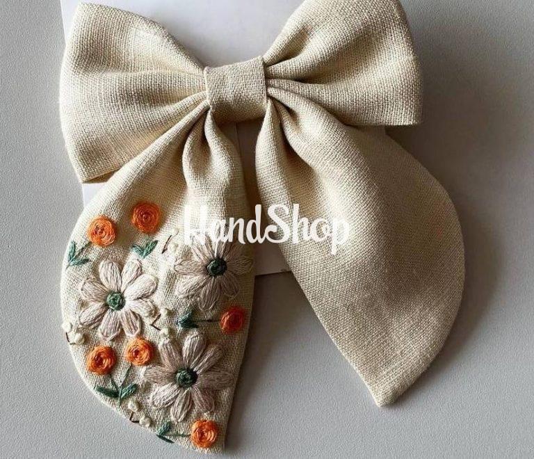 Детский бант для волос вышивка полевые цветы, лен — фото 4